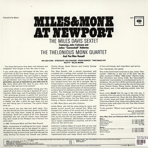 The Miles Davis Sextet Featuring John Coltrane And Cannonball Adderley / The Thelonious Monk Quartet And Pee Wee Russell - Miles & Monk At Newport