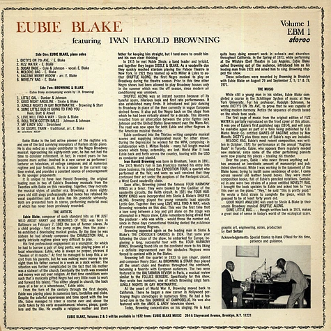 Eubie Blake - Volume 1 Featuring Ivan Harold Browning