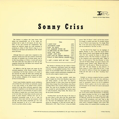 Sonny Criss - Sonny Criss Plays Cole Porter