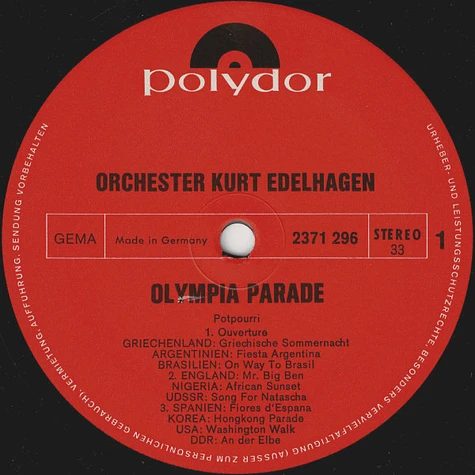 Orchester Kurt Edelhagen - Olympia Parade (Original-Musiken Zum Einzug Der Nationen 26. August 1972 - XX. Olympische Spiele München 1972)