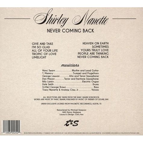 Shirley Nanette - Never Coming Back