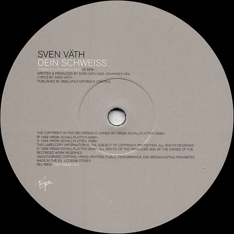 Sven Väth - Dein Schweiss - Vinyl 12 Sven Väth - Dein Schweiss - Vinyl 12
