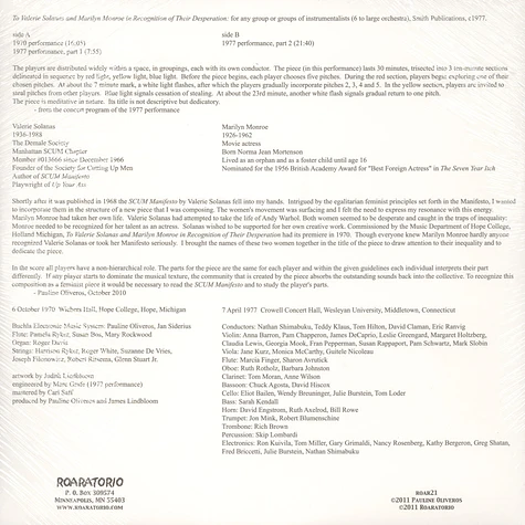 Pauline Oliveros - To Valerie Solanas And Marylin Monroe In recognition Of Their Desperation