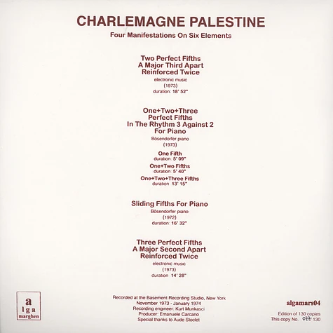 Charlemagne Palestine - Four Manifestations On Six Elements