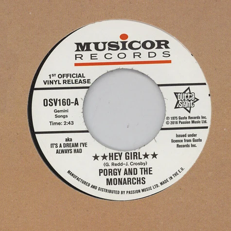 Porgy & The Monarchs - Hey Girl / My Heart Cries For You