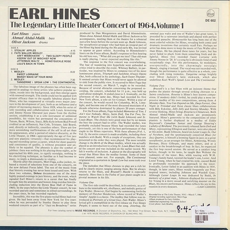 Earl Hines - The Legendary Little Theater Concert Of 1964, Volume 1