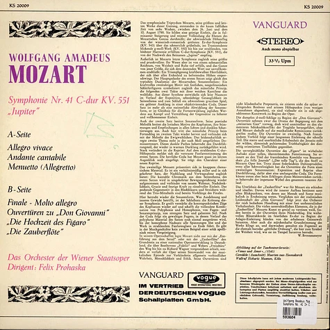 Wolfgang Amadeus Mozart, Orchester Der Wiener Staatsoper, Felix Prohaska - Symphony No. 41 In C Major "Jupiter" And Overtures To The Marriage Of Figaro, Don Giovanni, The Magic Flute