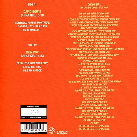 David Bowie / Iggy Pop - China Girl Orange Vinyl Edition