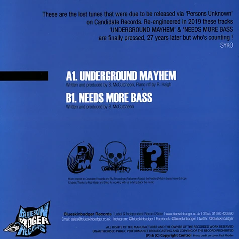 Persons Unknown - Underground Mayhem / Needs More Bass Black Vinyl Edition