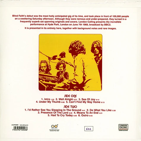 Blind Faith - Hyde Park '69 Red Vinyl Edition
