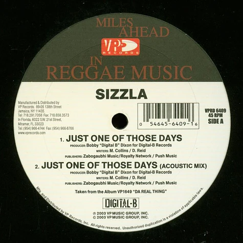 Sizzla - Just One Of Those Days / Acoustic Mix / Solid As A Rock Rhythm: Queen Majesty