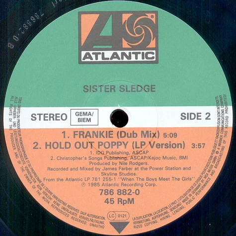 Sister Sledge - Frankie (Club Mix + Dub Mix) / Hold Out Poppy