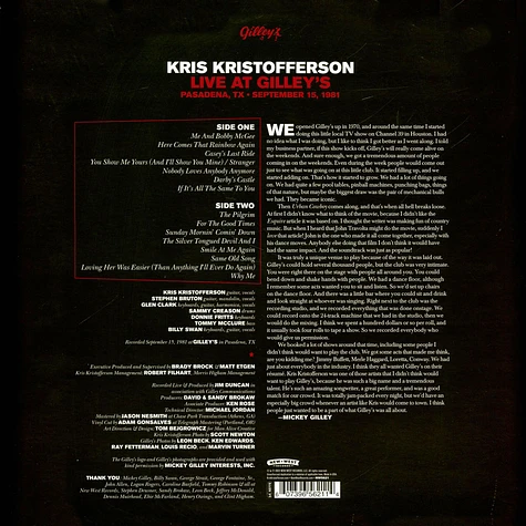 Kris Kristofferson - Live At Gilley's-Pasadena, TX: September 15, 1981 Black Vinyl Edition