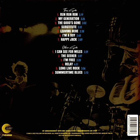 The Who - Back And Forth - Bbc Live At Bbc Studios, London Yellow Vinyl Edtion