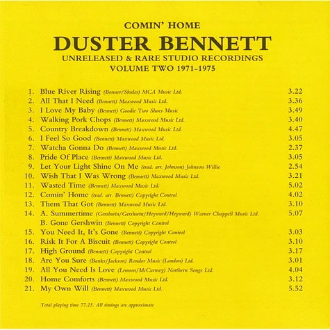 Duster Bennett - Comin' Home - Unreleased & Rare Studio Recordings Volume Two 1971 -1975