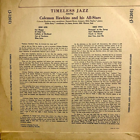 Coleman Hawkins All Star Band - Timeless Jazz