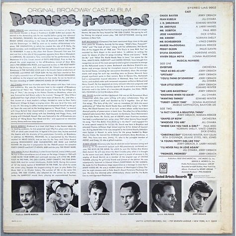 Burt Bacharach , Lyrics By Hal David / Starring Jerry Orbach, Jill O'Hara, Edward Winter , Presented By David Merrick - Promises, Promises (Original Broadway Cast Album)