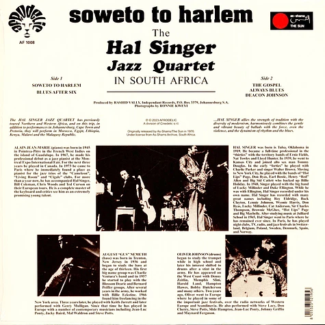 Hal Singer Jazz Quartet - Soweto To Harlem Record Store Day 2024 Black Vinyl Edition