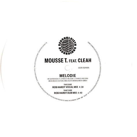 Mousse T. - Melodie Feat. Cleah Rob Hardt Mix White Vinyl Edition