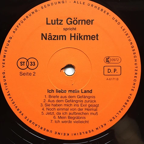 Lutz Görner, Nâzim Hikmet - Ich Liebe Mein Land (Lutz Görner Spricht Nâzim Hikmet)