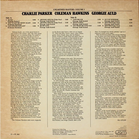 Charlie Parker, Coleman Hawkins, Georgie Auld - Unearthed Masters - Volume I