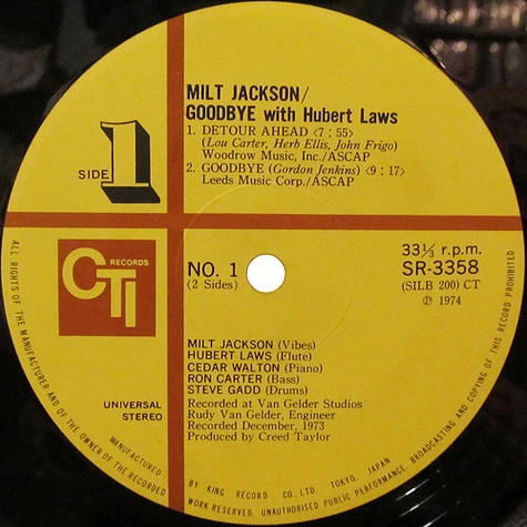 Milt Jackson With Hubert Laws - Goodbye