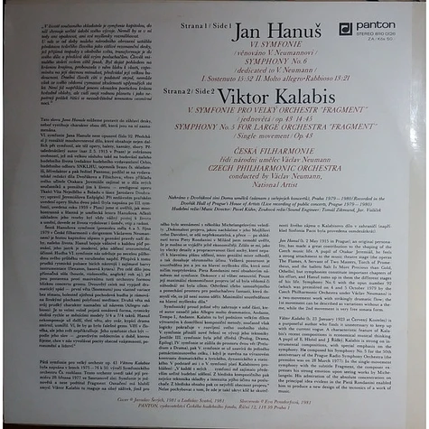 Jan Hanuš / Viktor Kalabis - The Czech Philharmonic Orchestra, Václav Neumann - VI. Symfonie = Symphony No. 6 / V. Symfonie = Symphony No. 5