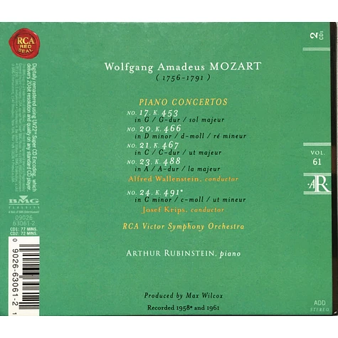 Wolfgang Amadeus Mozart, Arthur Rubinstein - Piano Concertos Nos. 17 (K453), 20 (K466), 21 (K467), 23 (K488), 24 (K491)