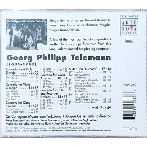 Georg Philipp Telemann, Cis Collegium Mozarteum Salzburg, Jürgen Geise - Concertos For Violins, Viola, Oboe, Flutes - Suite "Don Quichotte"