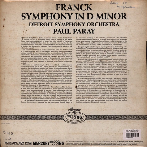 Paul Paray / Detroit Symphony Orchestra / César Franck - Franck Symphony In D Minor