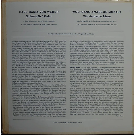 Carl Maria von Weber: Wolfgang Amadeus Mozart, Erich Kleiber, Kölner Rundfunk-Sinfonie-Orchester - Sinfonie Nr. 1 C-dur / Vier Deutsche Tänze