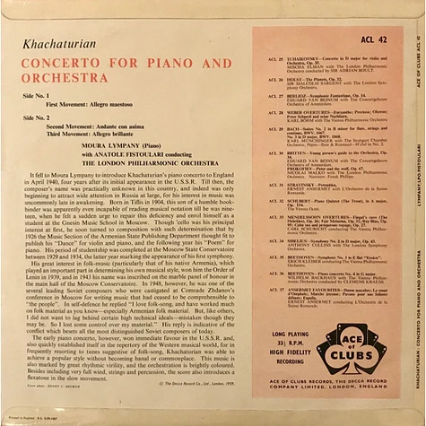 Aram Khatchaturian – Dame Moura Lympany, London Philharmonic Orchestra, Anatole Fistoulari - Concerto For Piano And Orchestra