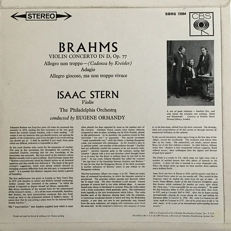 Isaac Stern / Johannes Brahms / Eugene Ormandy, The Philadelphia Orchestra - Violin Concerto In D, Op. 77