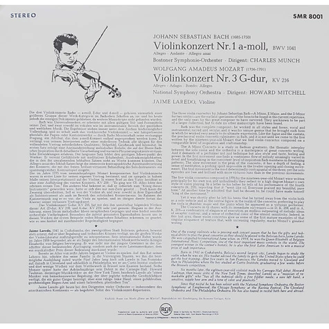 Johann Sebastian Bach, Wolfgang Amadeus Mozart, Boston Symphony Orchestra, Charles Munch, National Symphony Orchestra, Howard Mitchell, Jaime Laredo - Violinkonzert Nr.1 A-Moll / Violinkonzert Nr.3 G-Dur