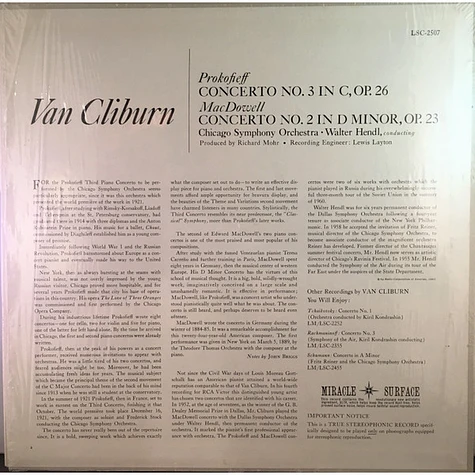Van Cliburn, Chicago Symphony Orchestra, Walter Hendl, Sergei Prokofiev / Edward MacDowell - Prokofieff Concerto No. 3 / MacDowell Concerto No. 2