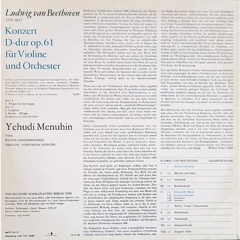 Ludwig van Beethoven - Yehudi Menuhin, Wiener Philharmoniker, Constantin Silvestri - Konzert Für Violine Und Orchester D-dur Op. 61