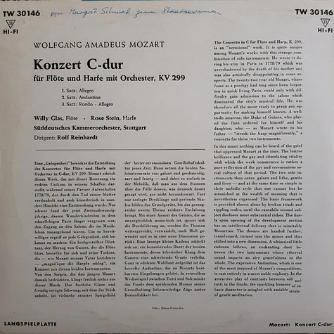 Wolfgang Amadeus Mozart - Willy Glas, Rose Stein, Süddeutsches Kammerorchester Stuttgart, Rolf Reinhardt - Konzert C-dur (Für Flöte Und Harfe Mit Orchester, KV 299)