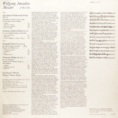 Wolfgang Amadeus Mozart, Staatskapelle Dresden, Otmar Suitner - Eine Kleine Nachtmusik G-dur KV 525 / Serenata Notturna D-dur KV 239 / Serenade F-dur KV 101 / Notturno D-dur KV 286