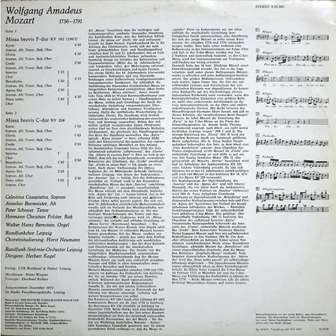 Wolfgang Amadeus Mozart, Celestina Casapietra, Annelies Burmeister, Peter Schreier, Hermann Christian Polster, Rundfunkchor Leipzig, Rundfunk-Sinfonie-Orchester Leipzig, Herbert Kegel - Missa Brevis F-dur KV 192 / Missa Brevis C-dur KV 259