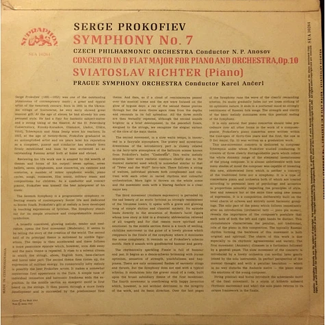 Sviatoslav Richter, Sergei Prokofiev, The Czech Philharmonic Orchestra, Николай Аносов, The Prague Symphony Orchestra, Karel Ančerl - Symphony No. 7, Concerto In D Flat Major For Piano And Orchestra, Op. 10