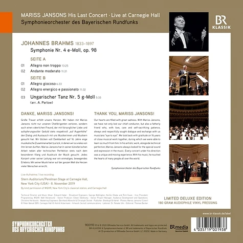 Jansons, Mariss/Symphonieorchester Des Bayerischen Rundfunks / Brahms, Johannes - Mariss Jansons - His Last Concert At Carnegie Hall