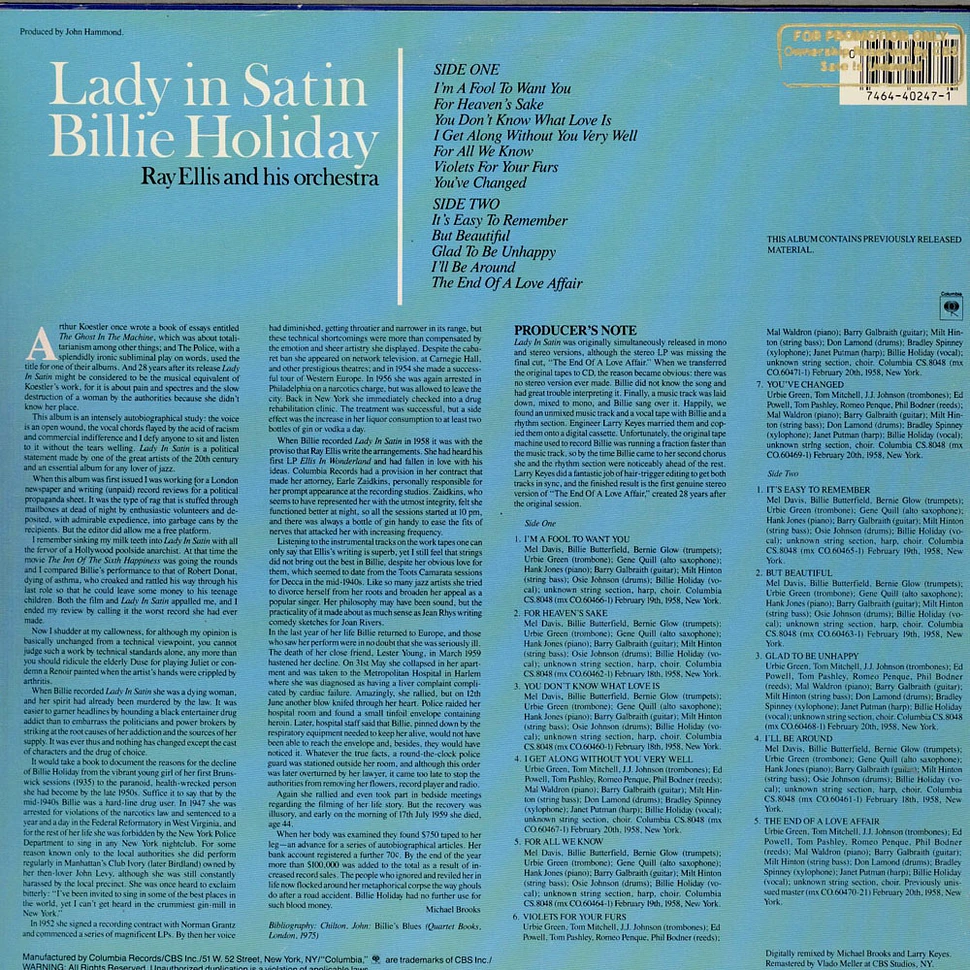 Billie Holiday, Ray Ellis And His Orchestra - Lady In Satin