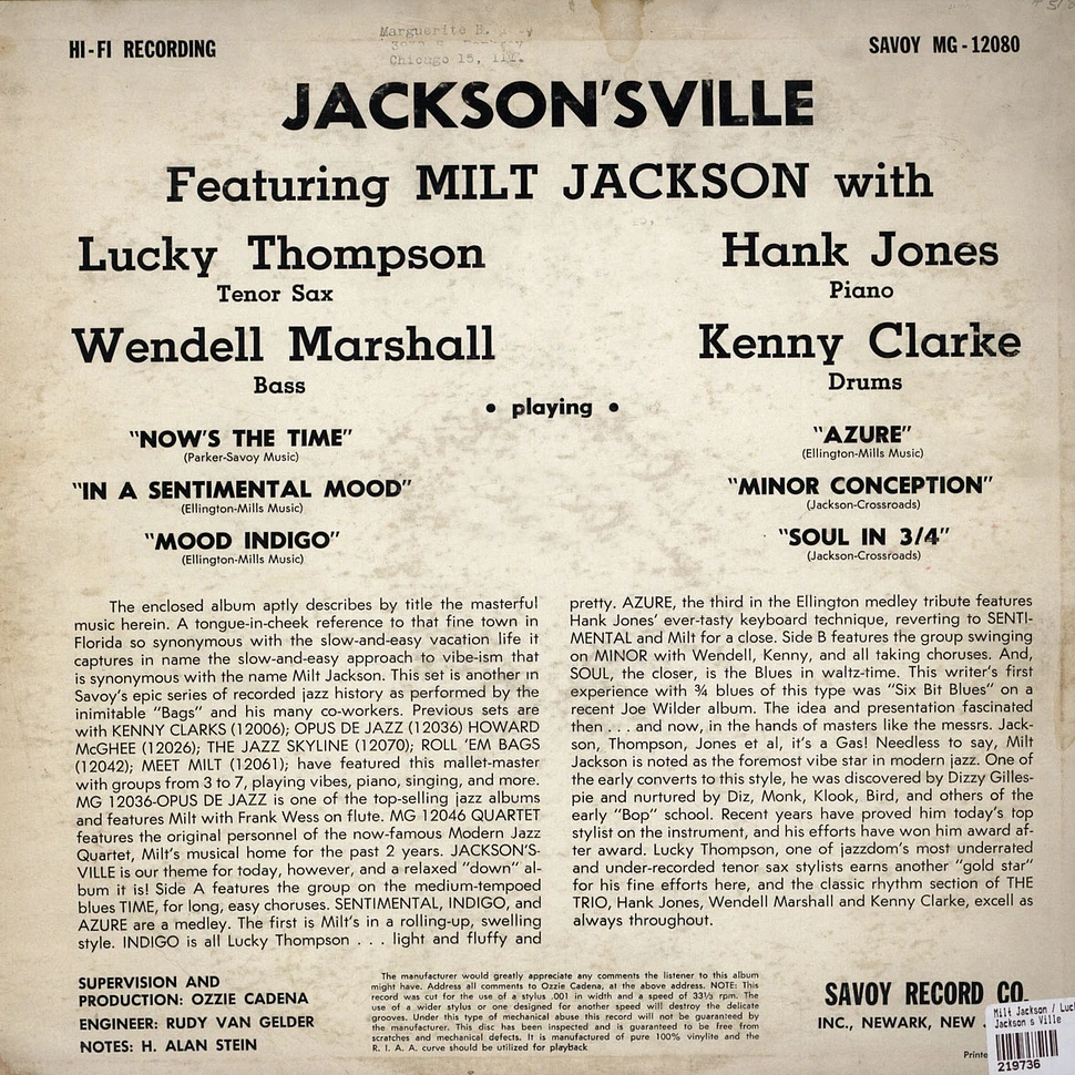 Milt Jackson / Lucky Thompson / Hank Jones / Wendell Marshall / kenny Clarke - Jackson's Ville