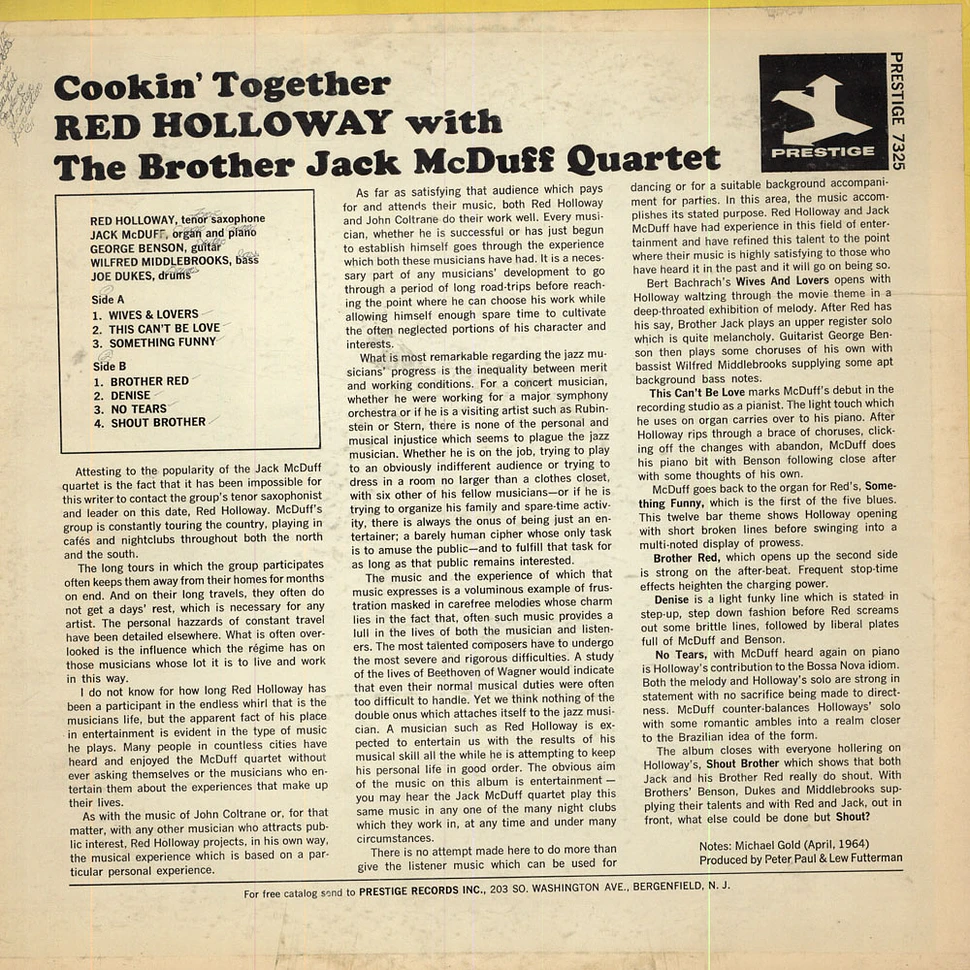Red Holloway With The Brother Jack McDuff Quartet - Cookin' Together