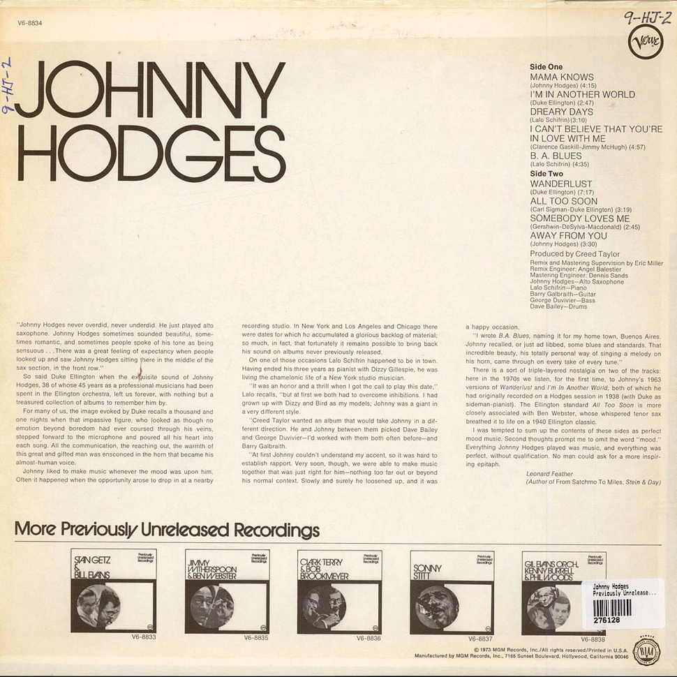 Johnny Hodges - Previously Unreleased Recordings