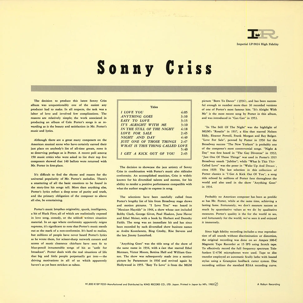 Sonny Criss - Sonny Criss Plays Cole Porter