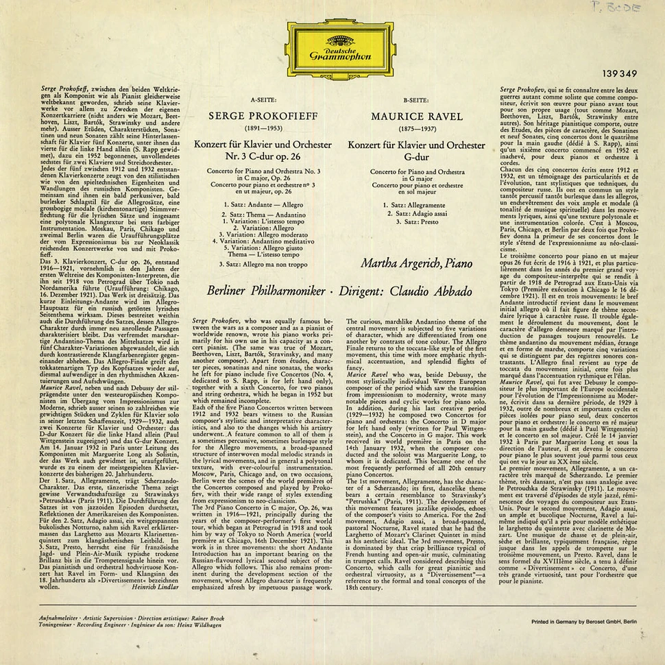 Sergei Prokofiev / Maurice Ravel – Martha Argerich, Berliner Philharmoniker, Claudio Abbado - Klavierkonzert Nr. 3 C-dur / Klavierkonzert G-dur