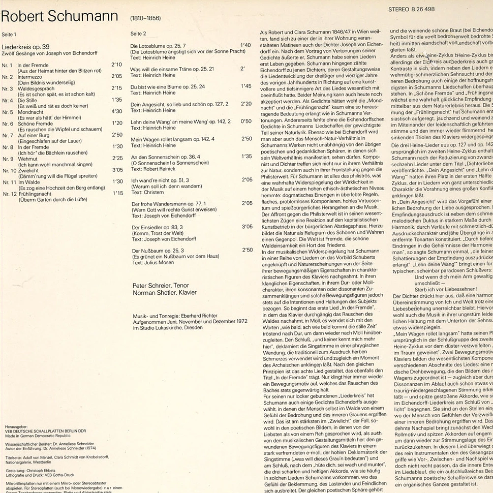 Robert Schumann - Peter Schreier / Norman Shetler - Liederkreis op.39 / Die Lotusblume