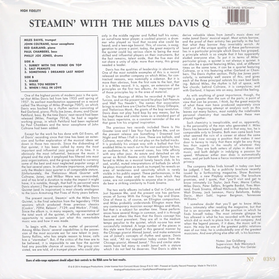 The Miles Davis Quintet - Steamin' 200g Vinyl, 33RPM Edition