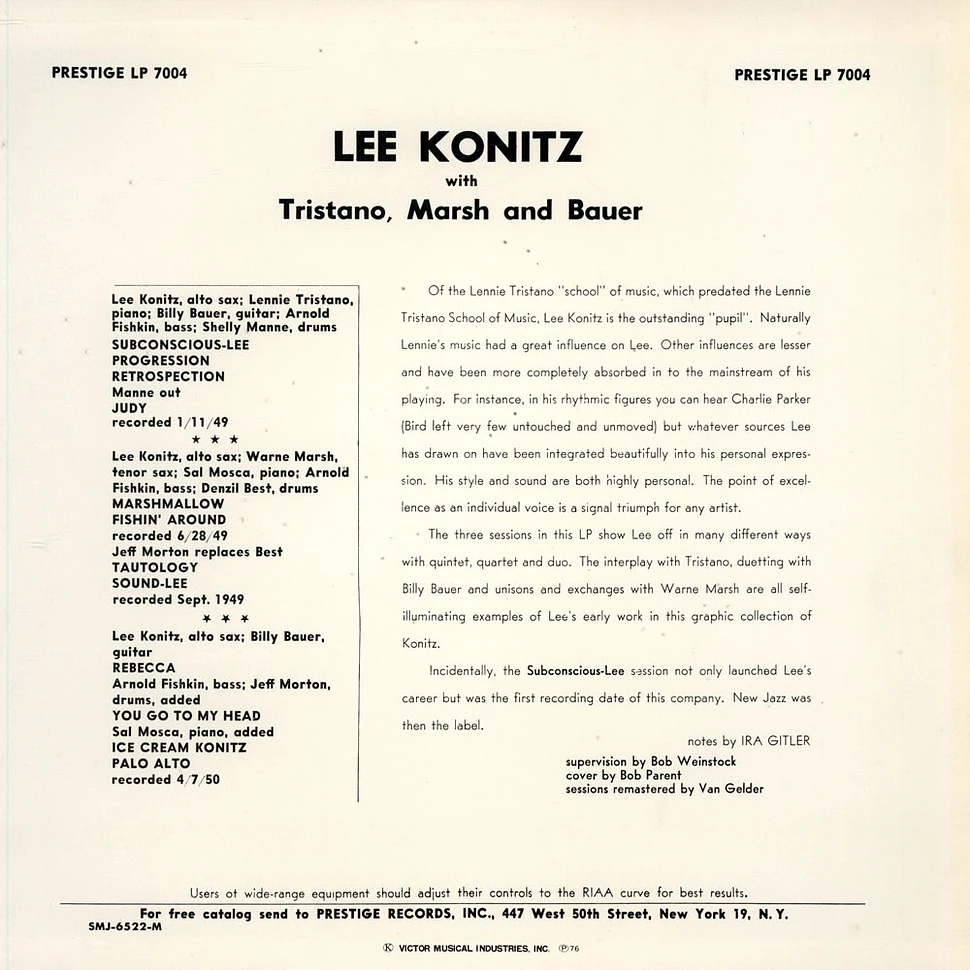 Lee Konitz With Lennie Tristano, Warne Marsh & Billy Bauer - Subconscious-Lee